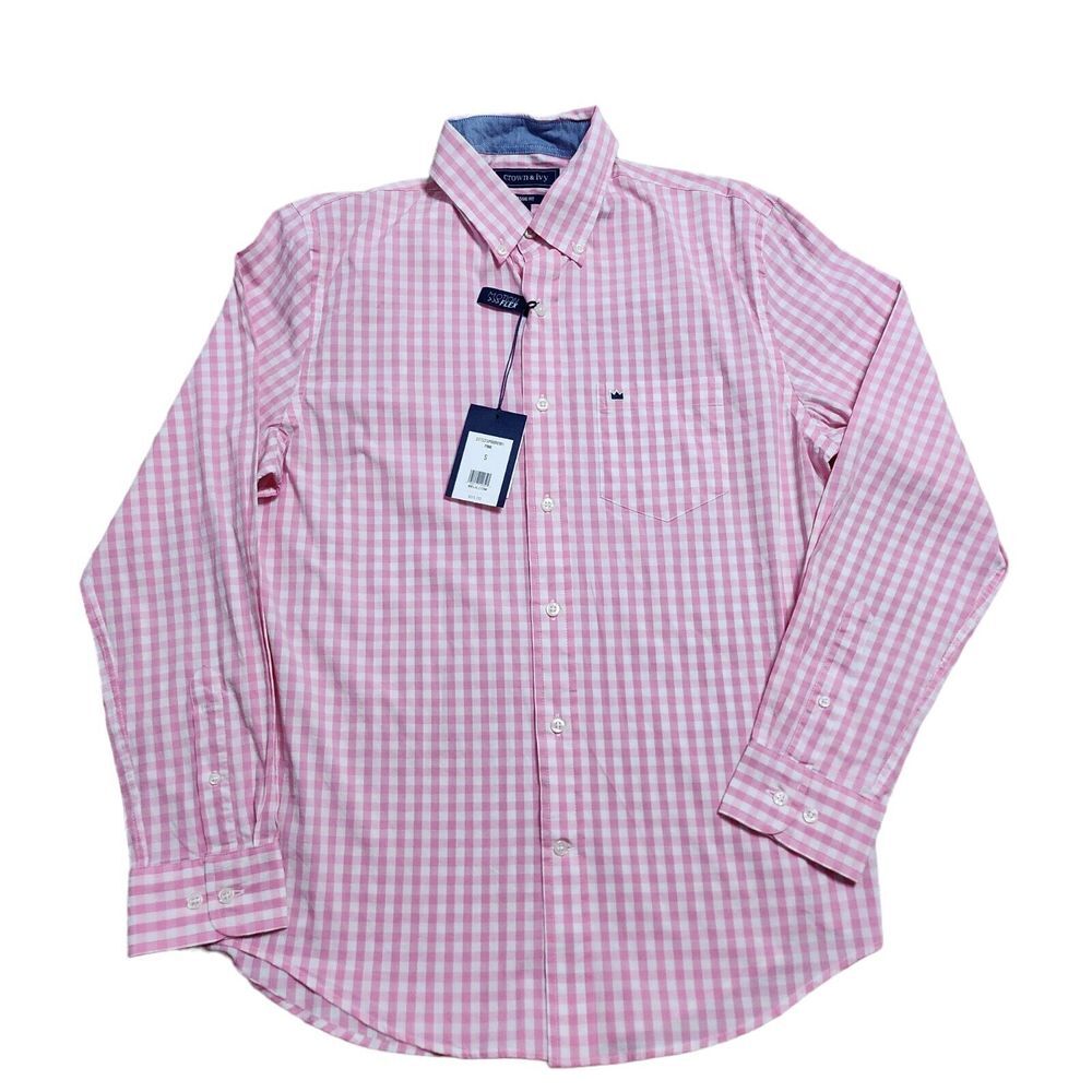 NWT Men's Crown & Ivy Pink/White Plaid Checkered L/S Buttton Down Size Small